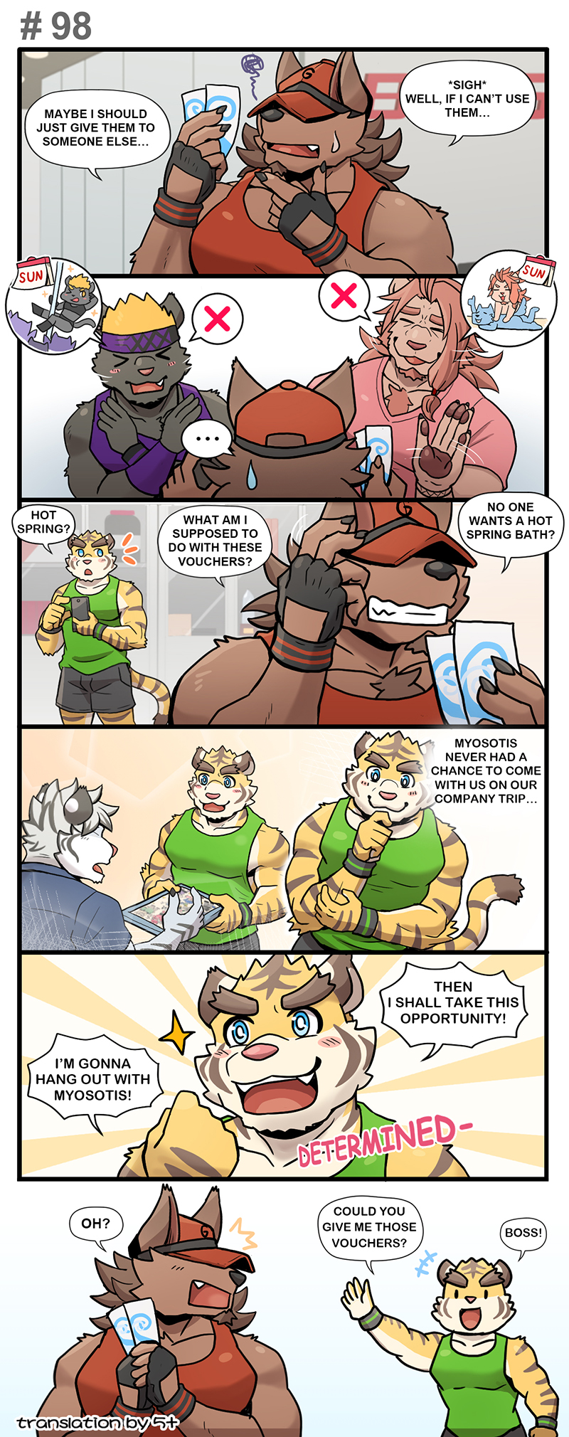 accessory anthro boss_(gym_pals) bruno_(gym_pals) canid canine canis clothing comic dancing dialogue felid gym_pals h155296 hat headband headgear headwear hi_res lion male mammal massage master_(gym_pals) myosotis_(gym_pals) pal_(gym_pals) pantherine pole pole_dancing shirt tank_top tiger topwear wolf