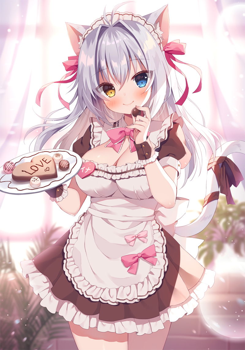 1girl aina_rive animal_ear_fluff animal_ears apron backlighting bangs blue_eyes blurry blurry_background blush bow breasts brown_bow brown_dress brown_eyes cat_ears cat_girl cat_tail cleavage closed_mouth commentary curtains depth_of_field dress english_commentary eyebrows_visible_through_hair food frilled_apron frilled_dress frills hair_between_eyes hair_bow head_tilt heart heterochromia holding holding_food holding_plate indoors long_hair looking_at_viewer mauve medium_breasts original plate pleated_dress puffy_short_sleeves puffy_sleeves red_bow short_sleeves silver_hair smile solo standing tail tail_bow tail_ornament white_apron window