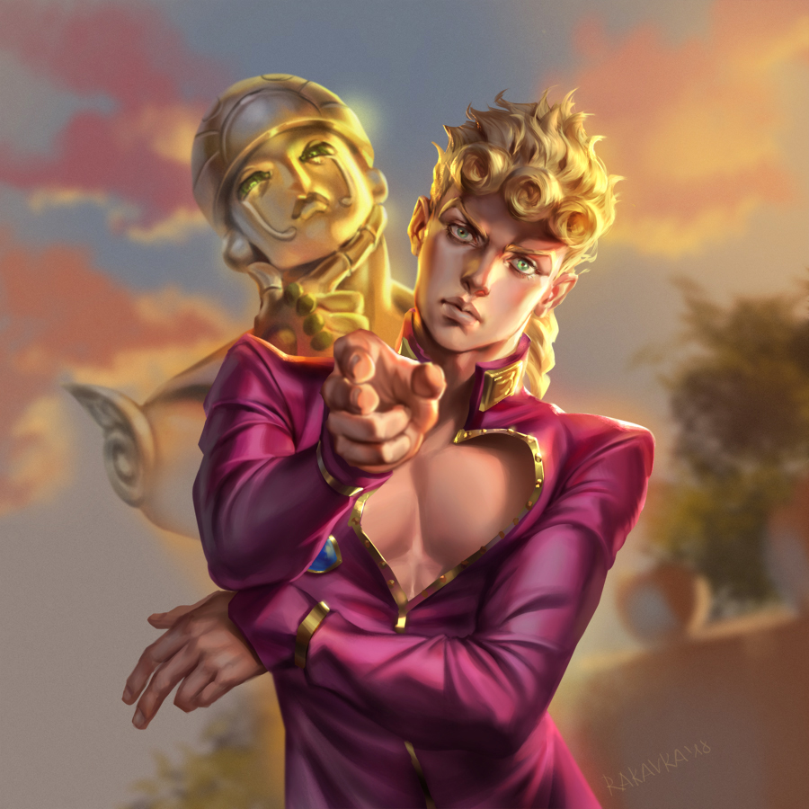 1boy blonde_hair braid braided_ponytail closed_mouth cloud cloudy_sky giorno_giovanna gold_experience green_eyes jacket jojo_no_kimyou_na_bouken lips long_hair looking_at_viewer outdoors pink_jacket pointing pointing_at_viewer rakavka sky solo stand_(jojo) sunset v-shaped_eyebrows vento_aureo