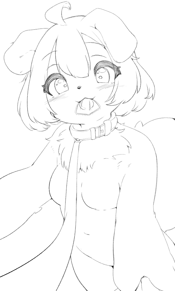 2021 ahoge anthro bangs blush breasts canid canine canis chest_tuft closed_smile collar condom condom_in_mouth condom_wrapper digital_media_(artwork) domestic_dog featureless_breasts featureless_crotch female first_person_view floppy_ears fur hair kemono leash looking_at_viewer mammal monochrome navel nude nuk_sun sexual_barrier_device short_hair simple_background small_breasts smile solo tuft white_background