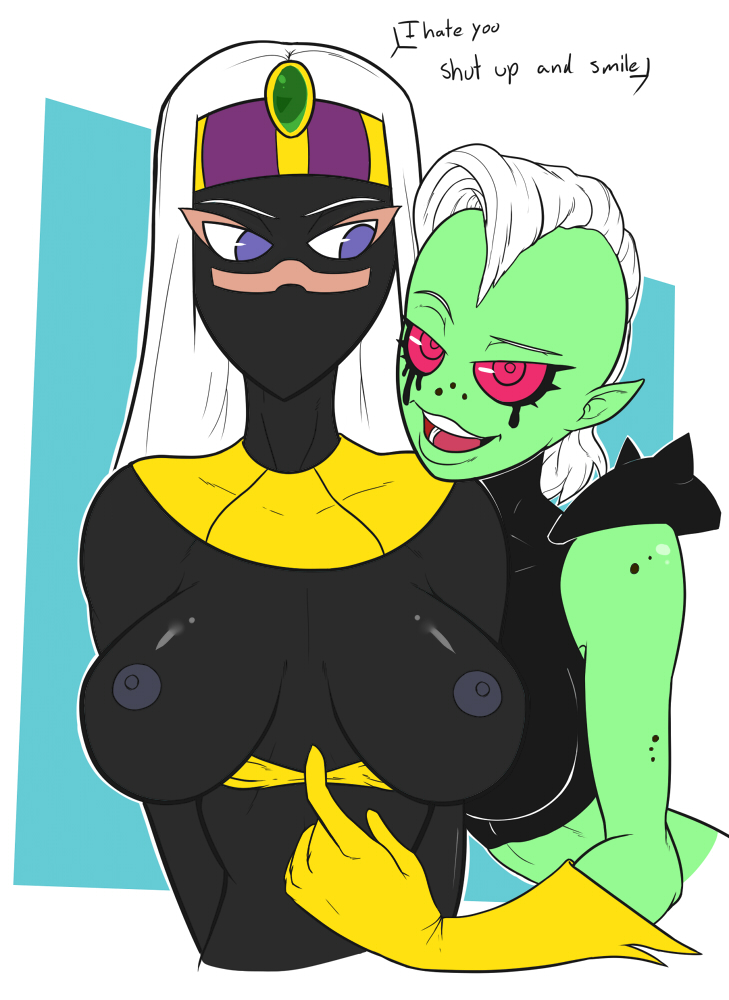 alien alien_humanoid big_breasts black_body black_skin breasts clothed clothing dr-empirezombie duck_dodgers duo english_text female flashing green_body green_skin huge_breasts humanoid humanoid_pointy_ears looking_at_viewer lord_dominator male male/female mouthless not_furry open_mouth open_smile queen_tyr'ahnee red_eyes red_sclera simple_background smile text topless wander_over_yonder
