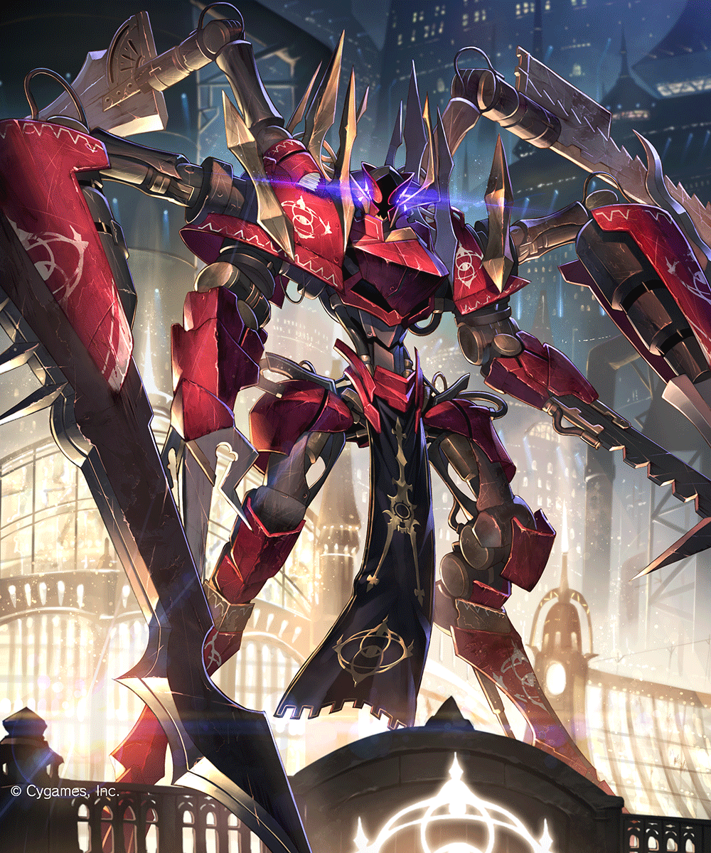 arm_blade building cable cityscape cygames digitigrade emblem extra_arms glowing highres looking_at_viewer mecha multiple_weapons multiple_wielding no_humans official_art pelvic_curtain robot shadowverse size_difference skyscraper takamine_nadare tisiphone_the_malignant tube weapon