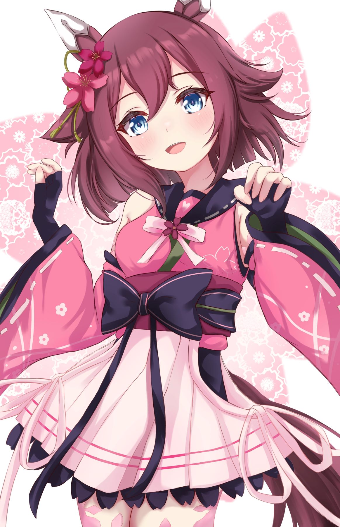 1girl animal_ears blue_eyes blush breasts commentary_request detached_sleeves fingerless_gloves gloves hair_ornament highres horse_ears long_sleeves looking_at_viewer medium_breasts medium_hair pink_hair sakura_chiyono_o_(umamusume) simple_background solo thighhighs umamusume umidemi