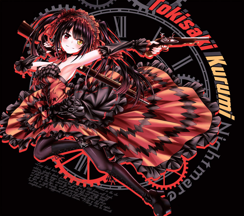 1girl bare_shoulders black_hair black_legwear breasts character_name clock_eyes commentary_request date_a_live dual_wielding gun hairband heterochromia holding lolita_fashion lolita_hairband long_hair looking_at_viewer medium_breasts photoshop_(medium) red_eyes revision rifle smile solo symbol-shaped_pupils thighhighs tokisaki_kurumi tsubasaki twintails weapon yellow_eyes