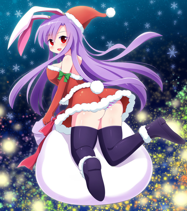 1girl animal_ears ass bad_id bad_pixiv_id bangs banned_artist blush bow breasts elbow_gloves eyebrows_visible_through_hair from_behind gloves hat kisaragi_zwei large_breasts light_purple_hair long_hair looking_at_viewer looking_back panties purple_hair rabbit_ears rabbit_tail red_eyes reisen_udongein_inaba sack santa_costume santa_dress santa_gloves santa_hat sideboob skindentation solo striped striped_panties tail thighhighs touhou underwear very_long_hair