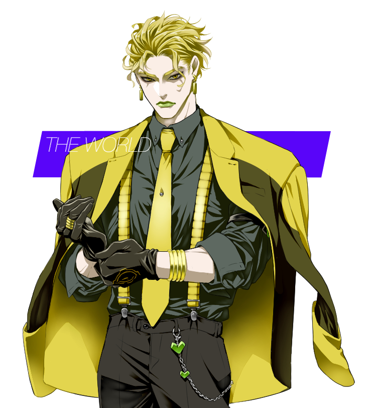 1boy adapted_costume black_gloves black_shirt blonde_hair bracelet contemporary earrings formal gloves green_lips heart hermit_purple hierophant_green humanization jacket jacket_on_shoulders jewelry jojo_no_kimyou_na_bouken kobayashi_(oksk0x0) magician's_red male_focus necktie red_hair ring shirt silver_chariot star_platinum stardust_crusaders suspenders the_world yellow_jacket