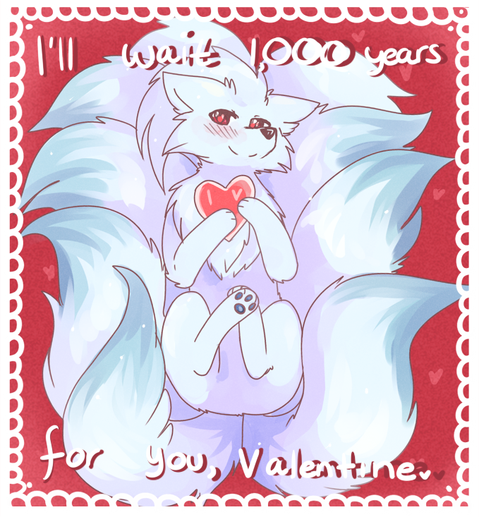 amare_(fiddleafox) blue_body blue_fur blue_pawpads cheek_tuft dipstick_tail english_text facial_tuft feral fiddleafox fluffy fluffy_tail fur lying male markings multi_tail ninetales nintendo on_back pawpads pok&eacute;mon pok&eacute;mon_(species) red_eyes shiny_pok&eacute;mon smile solo tail_markings text tuft valentines_day_card video_games