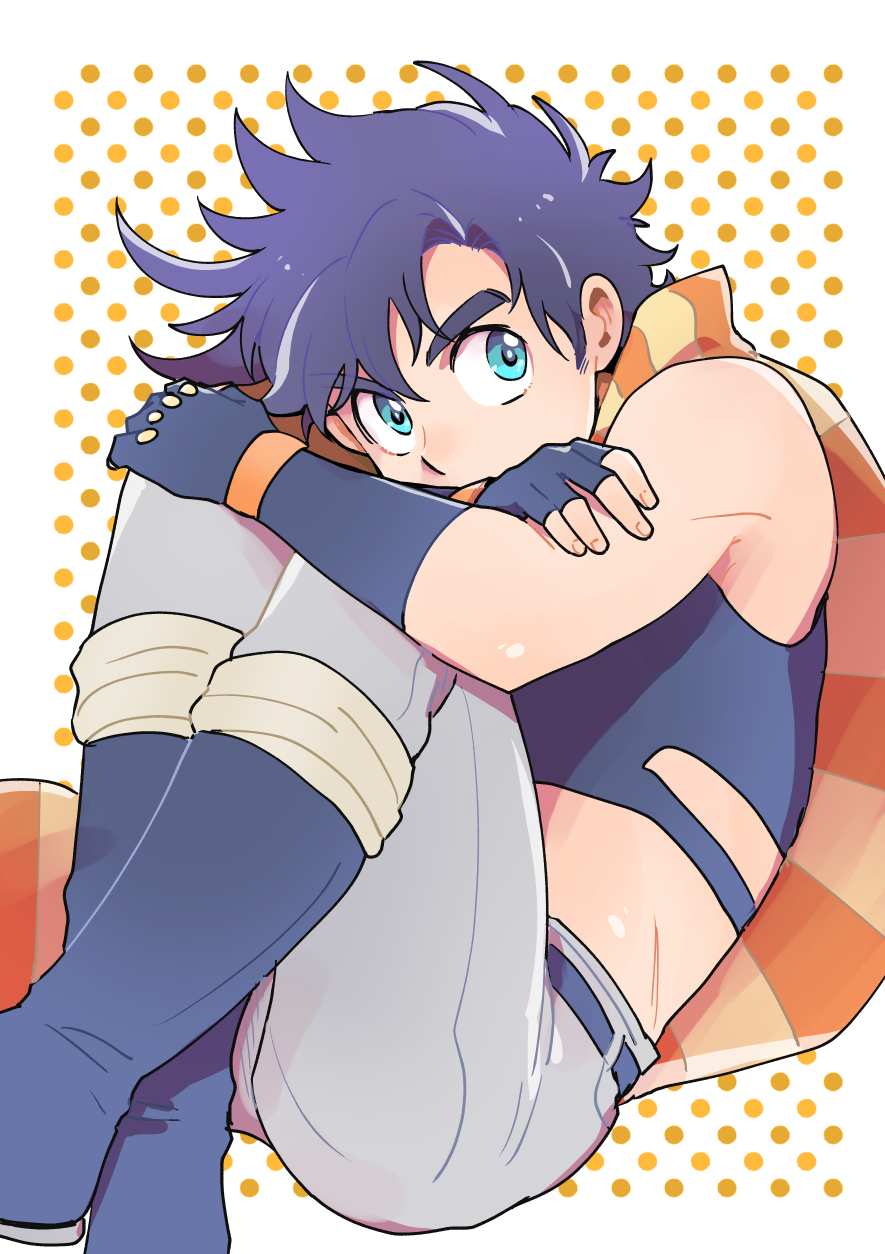 1boy battle_tendency black_hair blue_eyes blue_hair boots crop_top fingerless_gloves gloves grey_pants hamadaichi highres hugging_own_legs jojo_no_kimyou_na_bouken joseph_joestar joseph_joestar_(young) khakis male_focus pants polka_dot polka_dot_background scarf solo striped striped_scarf vertical-striped_scarf vertical_stripes