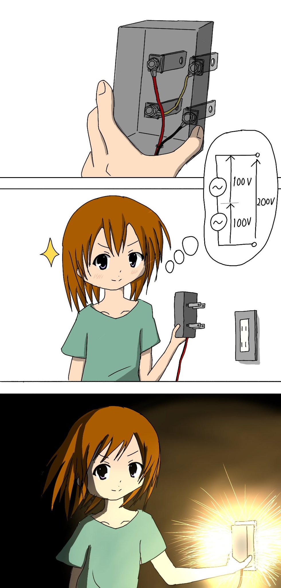 1girl bangs brown_hair electric_socket electricity failure highres original power_cord shirt short_hair simple_background sparks tamagosan32768 you're_doing_it_wrong