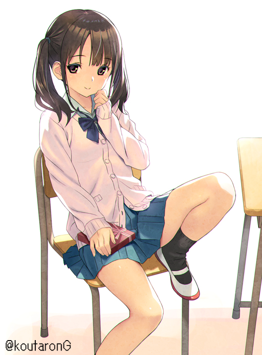 1girl bangs black_legwear blue_bow blue_shirt blue_skirt bow brown_eyes brown_hair cardigan chair closed_mouth collared_shirt commentary_request desk eyebrows_visible_through_hair knee_up koutaro looking_at_viewer on_chair original pleated_skirt school_chair school_desk school_uniform shirt shoes skirt smile socks solo twintails twitter_username uwabaki white_background white_cardigan white_footwear