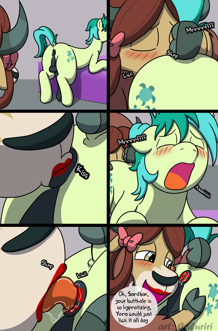 anal balls blush bodily_fluids bovid bovine brown_hair caluriri comic cutie_mark dock earth_pony equid equine female feral feral_on_feral friendship_is_magic genitals green_body hair half-closed_eyes hasbro hi_res horse kiss_mark kissing licking lipstick makeup male male/female mammal my_little_pony narrowed_eyes open_mouth oral penis pony raised_tail rimming saliva sandbar_(mlp) sex tail_grab text tongue tongue_out yak yellow_eyes yona_yak_(mlp)