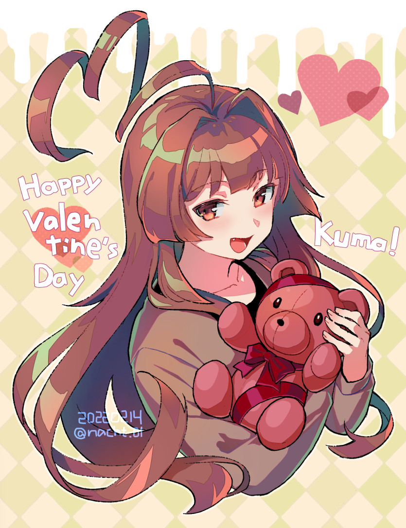 1girl ahoge artist_name banned_artist brown_eyes brown_hair brown_jacket collarbone eyebrows_visible_through_hair fang happy_valentine heart_ahoge huge_ahoge jacket kantai_collection kuma_(kancolle) long_hair long_sleeves nacht official_alternate_costume open_mouth smile solo stuffed_animal stuffed_toy teddy_bear twitter_username upper_body valentine