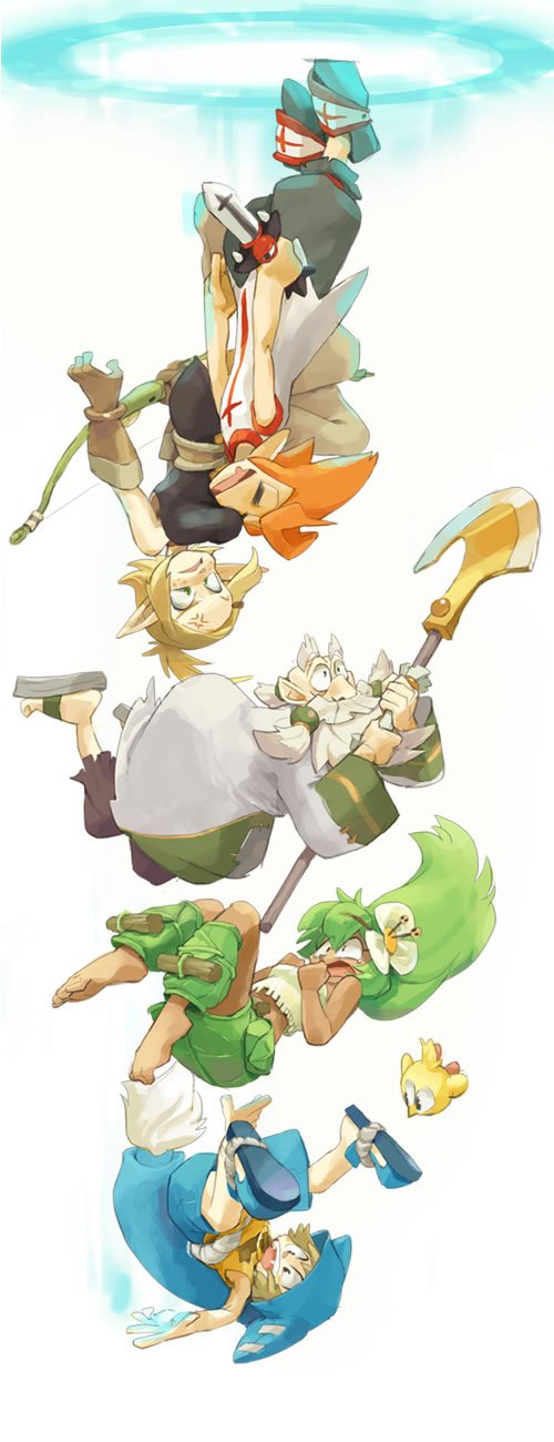 2girls 3boys amalia_sheran_sharm barefoot blonde_hair breasts dark-skinned_female dark_skin evangelyne green_hair hat highres iop long_hair multiple_boys multiple_girls nemurism open_mouth pointy_ears sadida short_hair simple_background tristepin_percedal wakfu white_background yugo