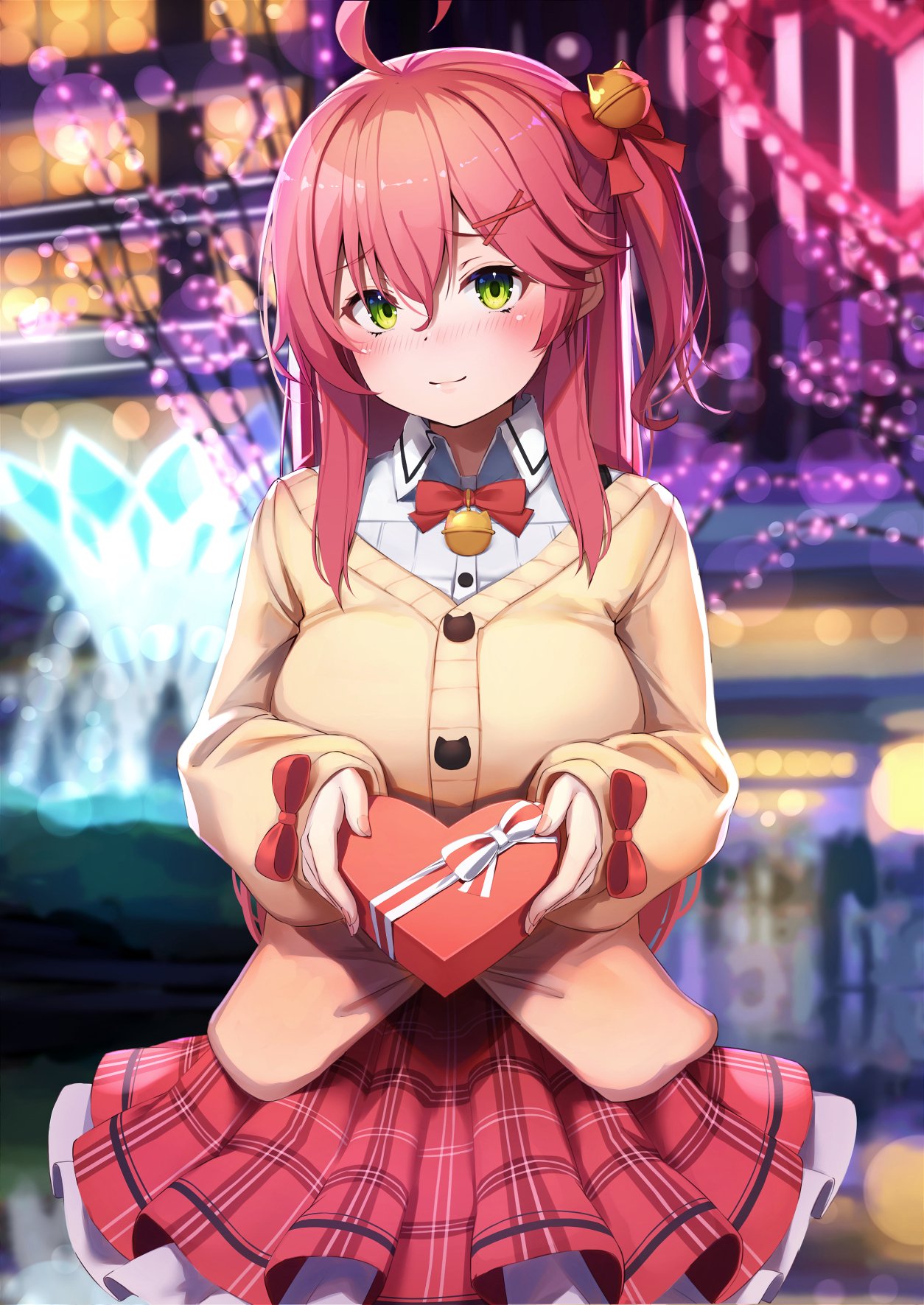 1girl bangs bell blurry blurry_background blush bow bowtie box breasts brown_cardigan cardigan closed_mouth collared_shirt commentary_request eyebrows_visible_through_hair green_eyes hair_bell hair_between_eyes hair_bow hair_ornament heart-shaped_box highres holding holding_box hololive jingle_bell large_breasts long_hair long_sleeves looking_at_viewer nyan_(reinyan_007) one_side_up outdoors plaid plaid_skirt pleated_skirt red_bow red_bowtie red_hair red_skirt sakura_miko shirt skirt smile solo virtual_youtuber white_shirt