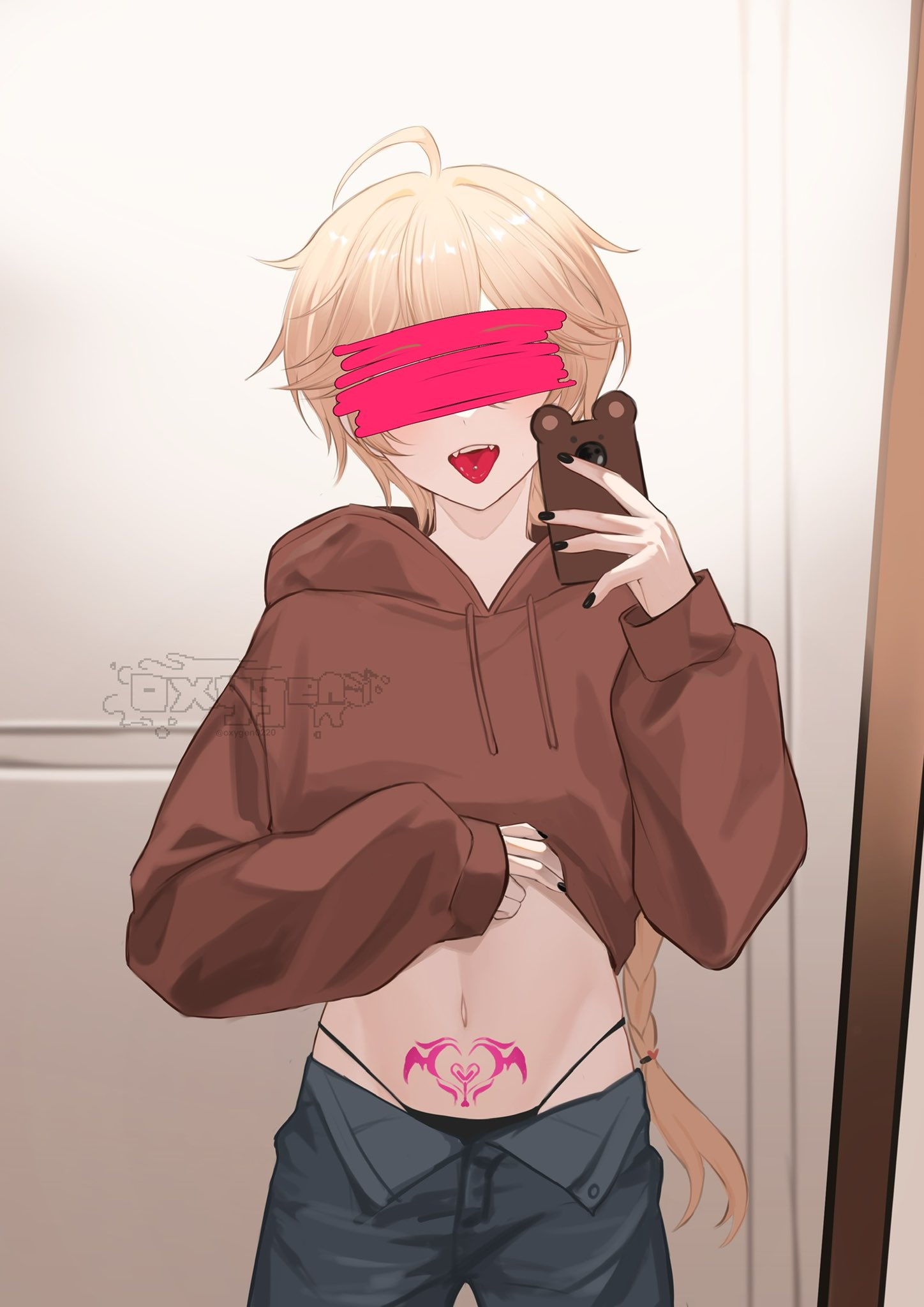 1boy aether_(genshin_impact) bangs blonde_hair blush braid censored clothes_lift eyebrows_visible_through_hair genshin_impact hair_between_eyes hair_ornament highres hood hoodie long_sleeves multiple_boys navel open_clothes open_mouth open_shirt oxygen panties pants phone shirt_lift short_hair simple_background smartphone_case smile stomach tattoo tongue tongue_out twitter_username underwear wall yaoi