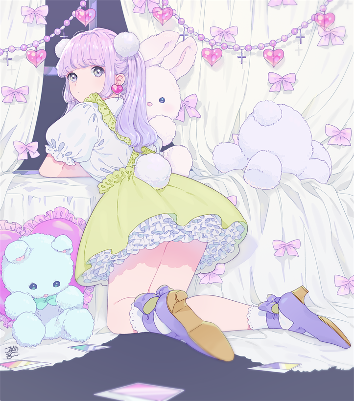 1girl bow cross curtains dress earrings frills from_behind hair_ornament heart heart_earrings indoors jewelry kneeling looking_at_viewer looking_back mary_janes mosuko original petticoat pillow pinafore_dress pom_pom_(clothes) pom_pom_hair_ornament puffy_short_sleeves puffy_sleeves purple_eyes purple_hair shoes short_dress short_sleeves solo stuffed_animal stuffed_toy twintails window windowsill