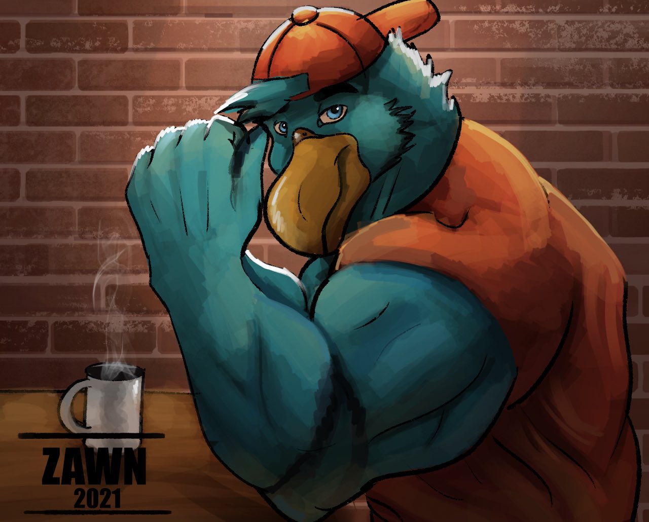 accipitrid accipitriform adler_(feber12) anthro avian baseball_cap beverage biceps bird cheek_tuft clothing coffee coffee_mug eagle facial_tuft feathers flexing flexing_bicep green_body green_feathers half-closed_eyes hat headgear headwear looking_at_viewer male muscular muscular_anthro muscular_male narrowed_eyes shirt smile smirk smug smug_face smug_grin solo t-shirt topwear triceps tuft zawn