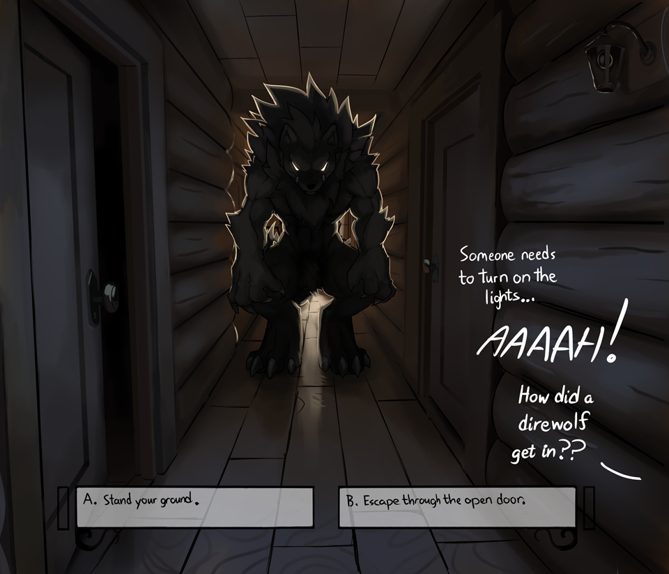 2022 ambiguous_gender anthro cabin canid canine canis claws clothing corridor dialogue dialogue_box dialogue_choice digital_media_(artwork) dire_wolf english_text fangs fur furniture glowing glowing_eyes hallway inside male mammal muscular muscular_male no_pupils offscreen_character open_door ozoneserpent solo standing talking_to_another text topwear wolf