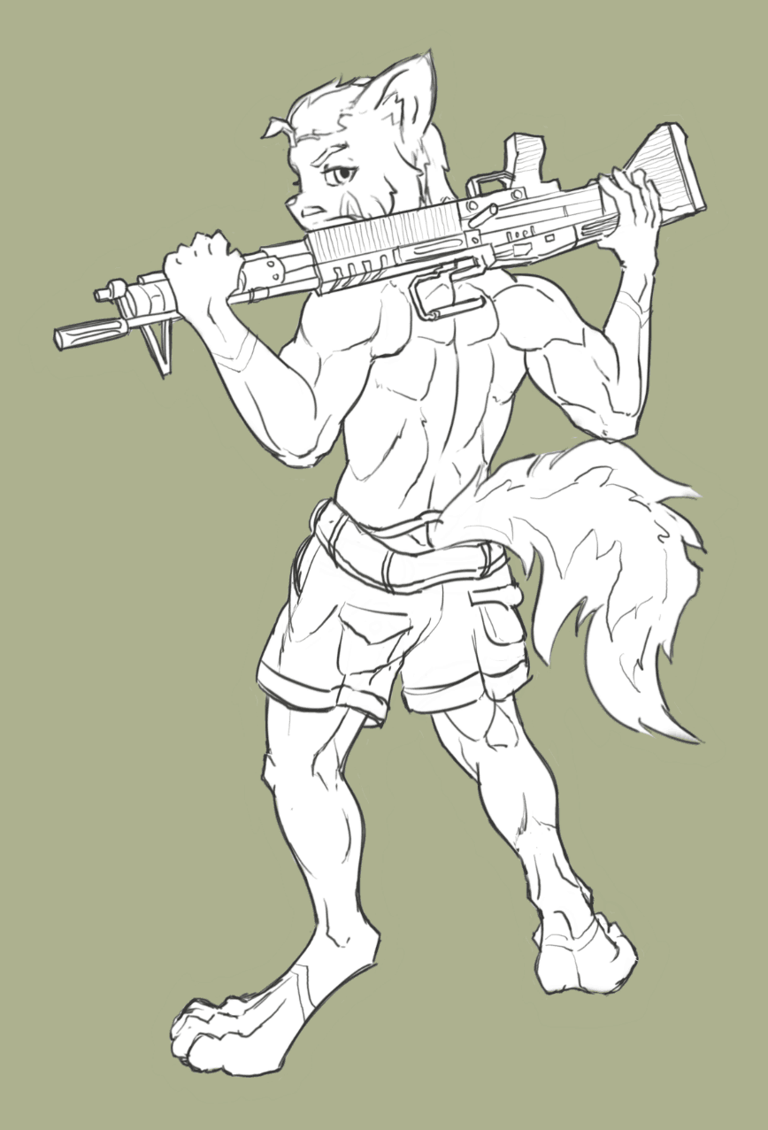 anthro bottomwear clothing felid feline futuretankcrc gun hi_res hybrid looking_at_viewer lynx machine_gun male mammal muscular ranged_weapon shorts simple_background sketch solo standing weapon