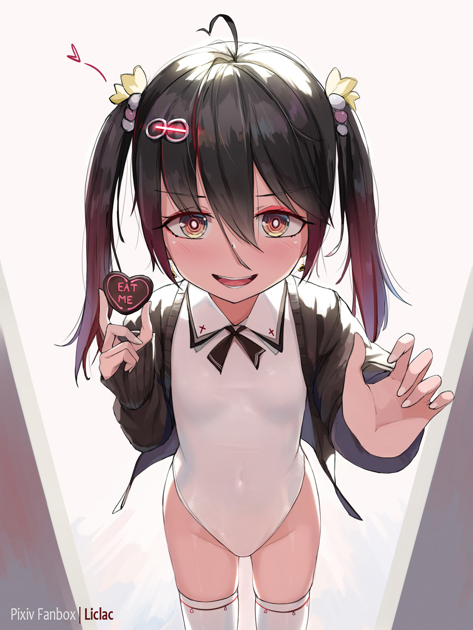 1girl :d ahoge artist_name bangs black_hair black_jacket brown_eyes brown_hair candy chocolate collared_leotard commentary_request eat_me eyebrows_visible_through_hair food glowing gradient_hair groin hair_between_eyes hair_ornament hairclip heart heart-shaped_chocolate highres holding holding_food jacket leotard liclac long_sleeves looking_at_viewer multicolored_hair open_clothes open_jacket original sleeves_past_wrists smile solo thighhighs valentine white_legwear white_leotard