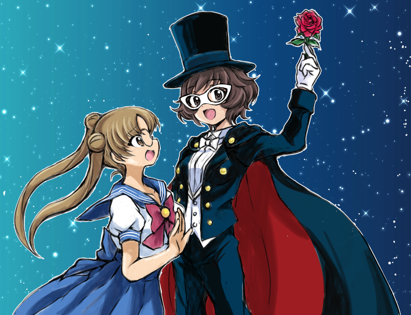 2girls akiyama_yukari bangs bishoujo_senshi_sailor_moon black_cape blue_background blue_sailor_collar blue_skirt brown_eyes brown_hair cape commentary_request cosplay cowboy_shot double_bun flower girls_und_panzer gloves gradient gradient_background hagi_midori juuban_middle_school_uniform long_hair looking_at_viewer messy_hair multiple_girls oono_aya red_flower red_rose rose sailor_collar school_uniform serafuku short_hair skirt starry_background tsukino_usagi tsukino_usagi_(cosplay) tuxedo tuxedo_kamen tuxedo_kamen_(cosplay) twintails white_gloves yuri