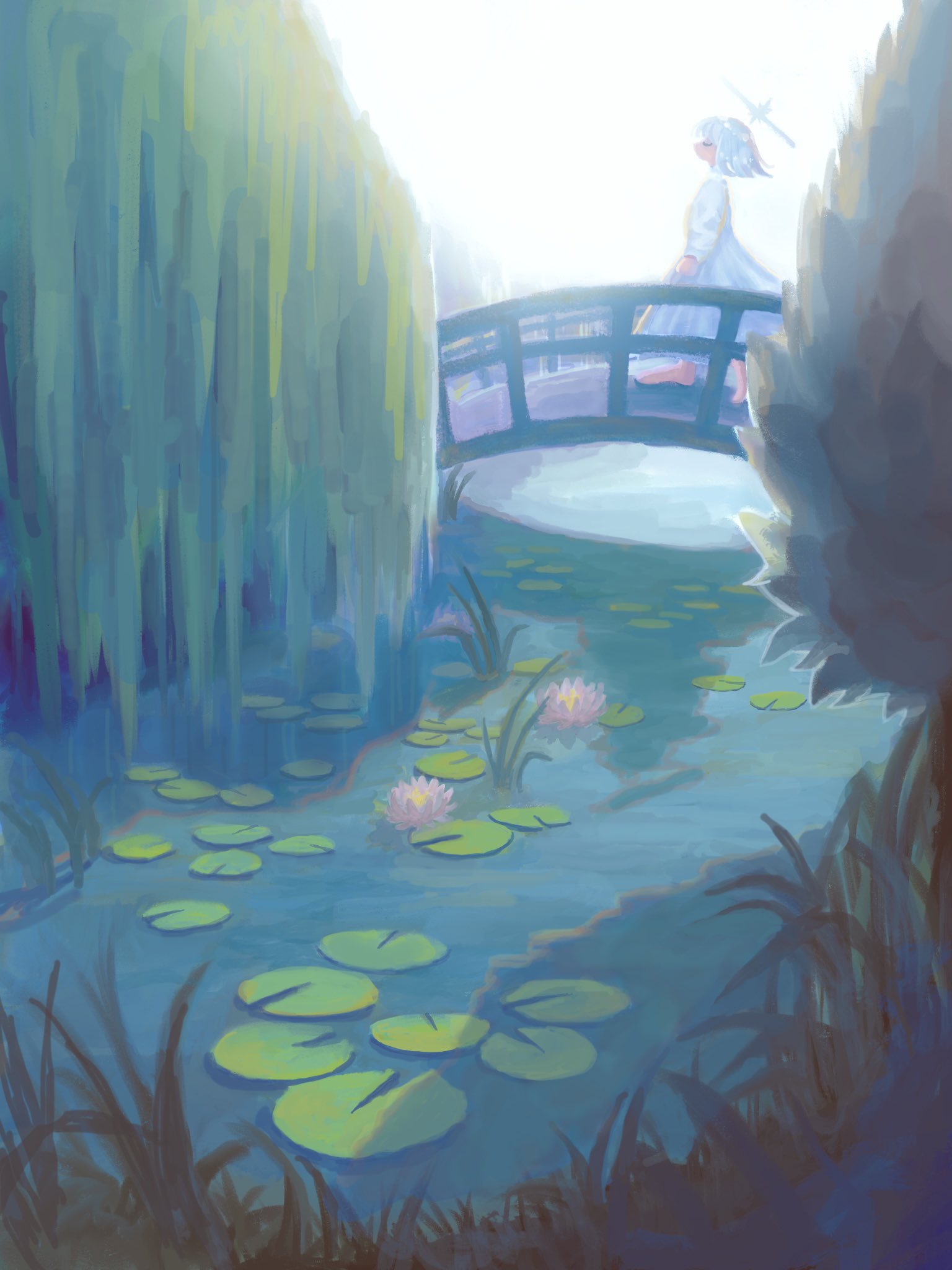 1girl arms_at_sides awada_room backlighting barefoot bridge closed_eyes commentary_request dress flower grass halo highres lily_pad long_sleeves lotus original reflection reflective_water river scenery solo sunlight tree walking white_dress white_hair