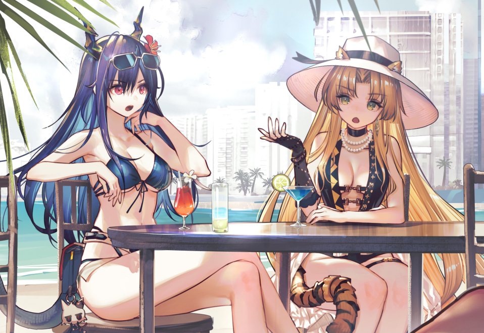 2girls animal_ear_fluff animal_ears arknights bag_charm bangs bare_arms bare_legs bare_shoulders bead_necklace beads bikini black_choker black_gloves black_swimsuit blonde_hair blue_bikini blue_hair blue_sky bracelet breasts building casual_one-piece_swimsuit center_opening ch'en_(arknights) ch'en_the_holungday_(arknights) chair charm_(object) choker city cleavage clothes_around_waist crossed_legs cup day dragon_girl dragon_horns dragon_tail drink drinking_glass ears_through_headwear elbow_gloves eyebrows_visible_through_hair eyewear_on_head fingerless_gloves food fruit gloves green_eyes hat horns jewelry lime_(fruit) lime_slice long_hair medium_breasts multiple_girls necklace official_alternate_costume official_art one-piece_swimsuit open_mouth outdoors palm_tree parted_bangs pouch red_eyes sample_watermark single_glove sitting sky sun_hat swimsuit swire_(arknights) table tail tail_ornament tail_ring tiger_ears tiger_girl tiger_tail tree umiu_geso v-shaped_eyebrows very_long_hair water white-framed_eyewear white_headwear