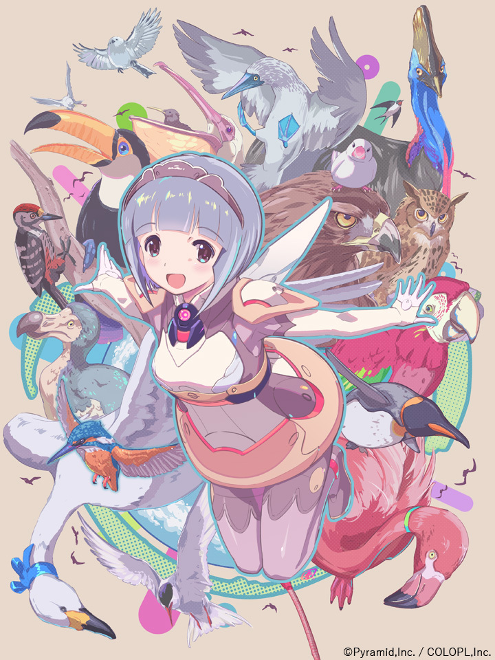 1girl :d alice_gear_aegis arms_at_sides bangs bird blue-footed_booby blue_eyes blunt_bangs commentary_request common_kingfisher company_name copyright dodo_(bird) eagle emperor_penguin flamingo full_body fumishima_asuka grey_hair headband hummingbird kakoi_kazuhiko kingfisher looking_at_viewer open_mouth outstretched_arms owl parrot pelican penguin pipi_(aga) purple_hair short_hair sidelocks simple_background smile swallow_(bird) toucan