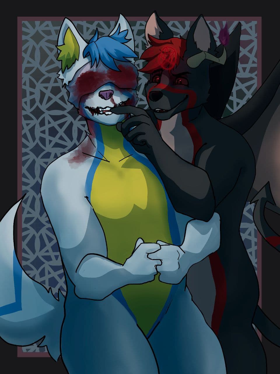 anthro black_body black_fur blindfold blood blue_body blue_fur bodily_fluids bruised canid canine canis dragon_wings duo featureless_crotch finger_in_mouth fur halloween hi_res holidays horn inner_ear_fluff jackal male male/male mammal nosebleed pattern_background pentagram red_body red_eyes red_fur scar sewn_mouth simple_background spade_tail stitch_(disambiguation) tuft white_body white_fur yami_akechi_(devil) yami_akechi_(innocent) yellow_body yellow_fur