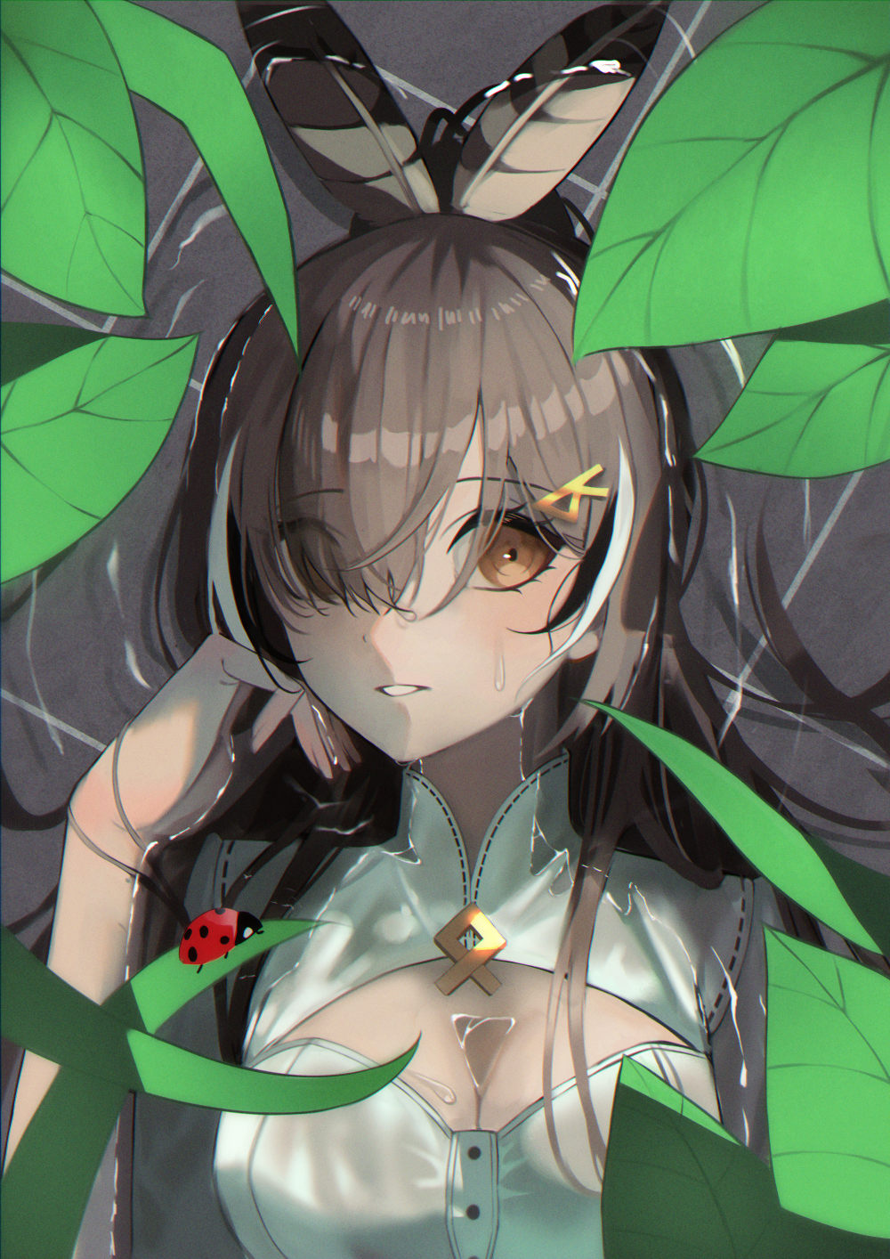 1girl bangs blush brown_eyes brown_hair bug cleavage_cutout clothing_cutout feather_hair_ornament feathers hair_ornament hand_on_own_face highres hololive hololive_english ladybug leaf momohuri multicolored_hair nanashi_mumei partially_submerged pond ponytail ripples shirt smile streaked_hair virtual_youtuber water water_drop wet wet_clothes wet_hair wet_shirt white_shirt