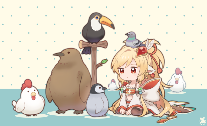 1girl animal_ears animal_on_head baby_penguin bandeau bird blonde_hair botamochi_(exwelder) brown_legwear detached_sleeves feather_hair_ornament feathers granblue_fantasy hair_ornament harvin long_hair mahira_(granblue_fantasy) on_head penguin pigeon red_eyes signature sitting solo symbol-only_commentary thighhighs toucan wariza