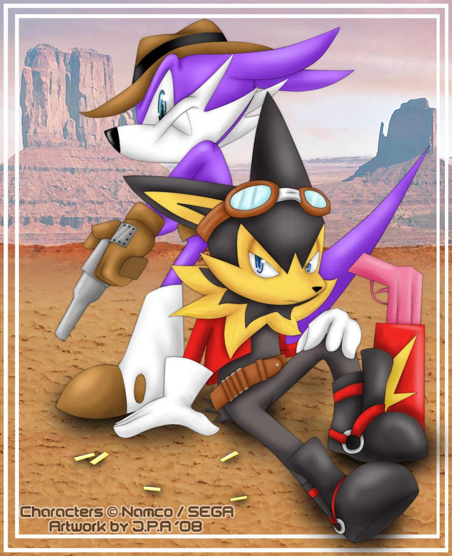 2008 anthro bandai_namco black_nose blue_eyes canid canine canis clothed clothing duo eyewear fang_the_sniper fangs fur gloves goggles gun guntz handwear hat headgear headwear holding_object holding_weapon klonoa_(series) looking_at_viewer male mammal mustela mustelid musteline purple_body ranged_weapon sega sonic_the_fighters sonic_the_hedgehog_(series) steel_tigerwolf text true_musteline video_games weapon wolf