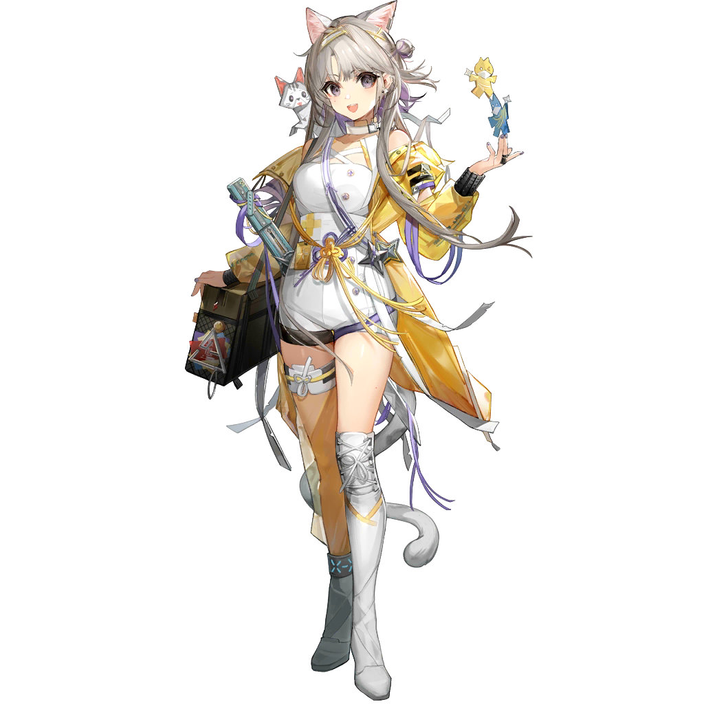 1girl :d animal_ear_fluff animal_ears anklet arknights asymmetrical_footwear bag bangs black_nails blush boots cat_ears coat earrings eyebrows_visible_through_hair haijin hair_bun high-waist_shorts infection_monitor_(arknights) jewelry kate_(arknights) long_hair long_sleeves looking_at_viewer nail_polish official_alternate_costume official_art open_clothes open_coat open_mouth orange_legwear origami purple_eyes ribbon ring see-through shorts shoulder_bag shuriken side_bun silver_hair simple_background single_thigh_boot single_thighhigh smile solo thigh_boots thigh_strap thighhighs third-party_source very_long_hair weapon white_background white_footwear white_shorts yellow_coat yellow_ribbon