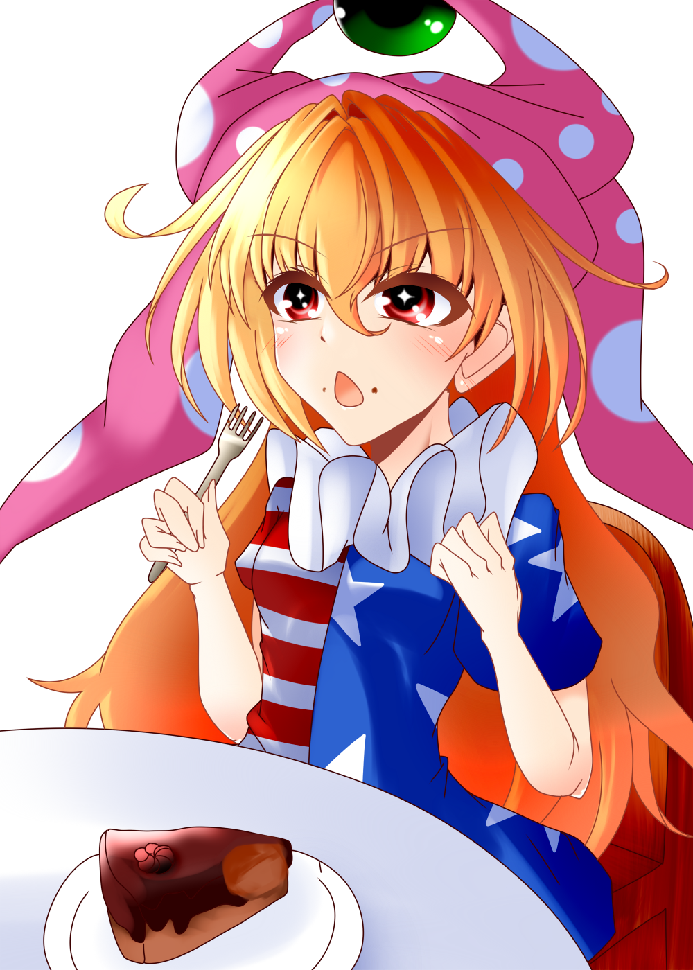 +_+ 1girl american_flag_shirt bangs blush breasts cake chair clownpiece commentary_request eyebrows_visible_through_hair fingernails food food_on_face fork hair_between_eyes hands_up hat highres jester_cap long_fingernails long_hair looking_to_the_side medium_breasts muumuu_(sirufuruteienn) neck_ruff one-hour_drawing_challenge open_mouth orange_hair pink_headwear plate polka_dot red_eyes shirt short_sleeves simple_background sitting solo star_(symbol) star_print striped striped_shirt table touhou white_background