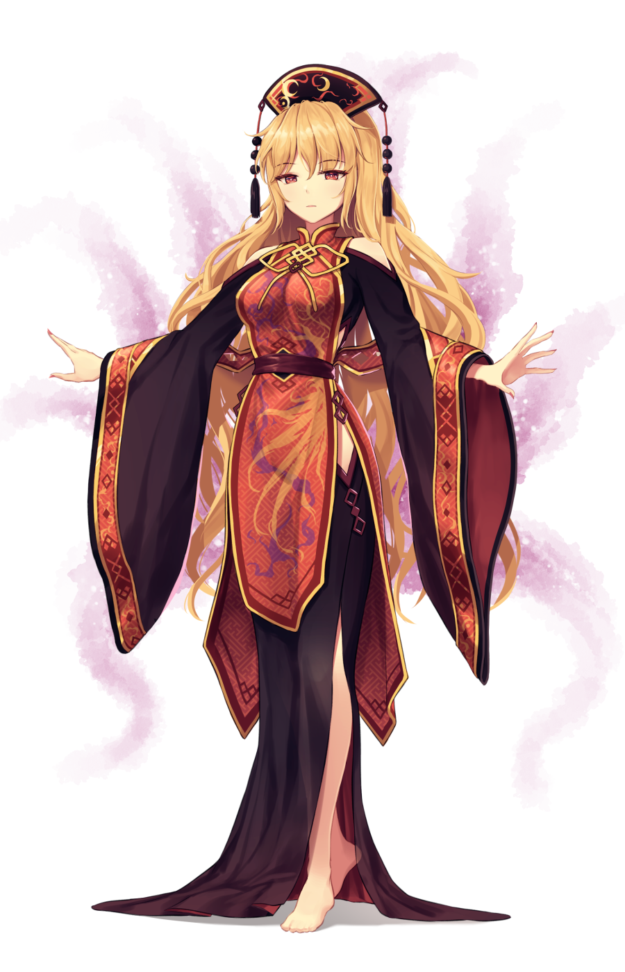 1girl bangs banned_artist bare_shoulders barefoot black_dress black_headwear black_sash blonde_hair breasts clothing_cutout commentary dress eyebrows_visible_through_hair full_body highres junko_(touhou) long_dress long_hair long_sleeves medium_breasts minust sash shoulder_cutout simple_background solo standing tabard tassel touhou very_long_hair white_background wide_sleeves