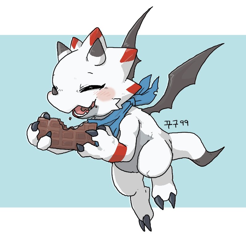 9999_td anthro bandai_namco bandanna blush candy chocolate claws dessert digimon digimon_(species) digimon_ghost_game eating flying food gammamon horn kerchief male smile solo white_body wings