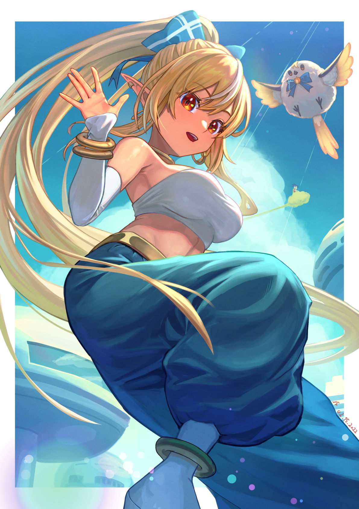 android_21 blonde_hair blue_pants border cosplay detached_sleeves dragon_ball dragon_ball_fighterz elf elfriend_(shiranui_flare) feet_out_of_frame from_below harem_pants high_ponytail highres hololive long_hair looking_at_viewer majin_android_21 majin_android_21_(cosplay) midriff multicolored_hair outside_border pants pointy_ears sakumichi shiranui_flare strapless streaked_hair tube_top very_long_hair waving white_border white_hair white_sleeves white_tube_top