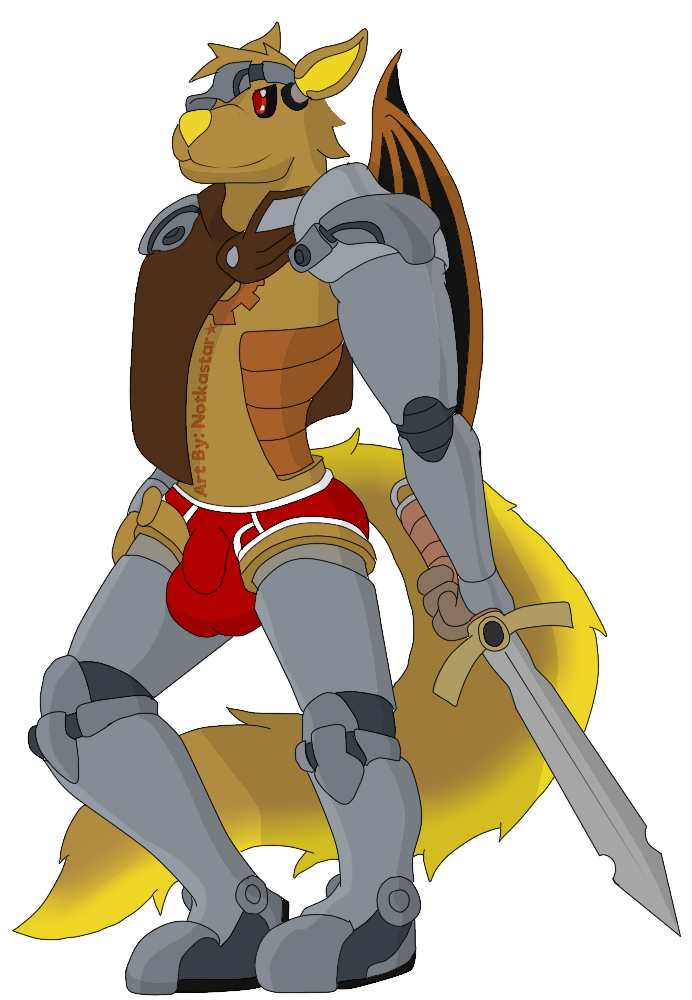 anthro armor balls briefs bulge canid canine canis clothing fluffy gear genitals jackal machine male mammal melee_weapon notkastar penis robot signature solo sword underwear visor weapon wings