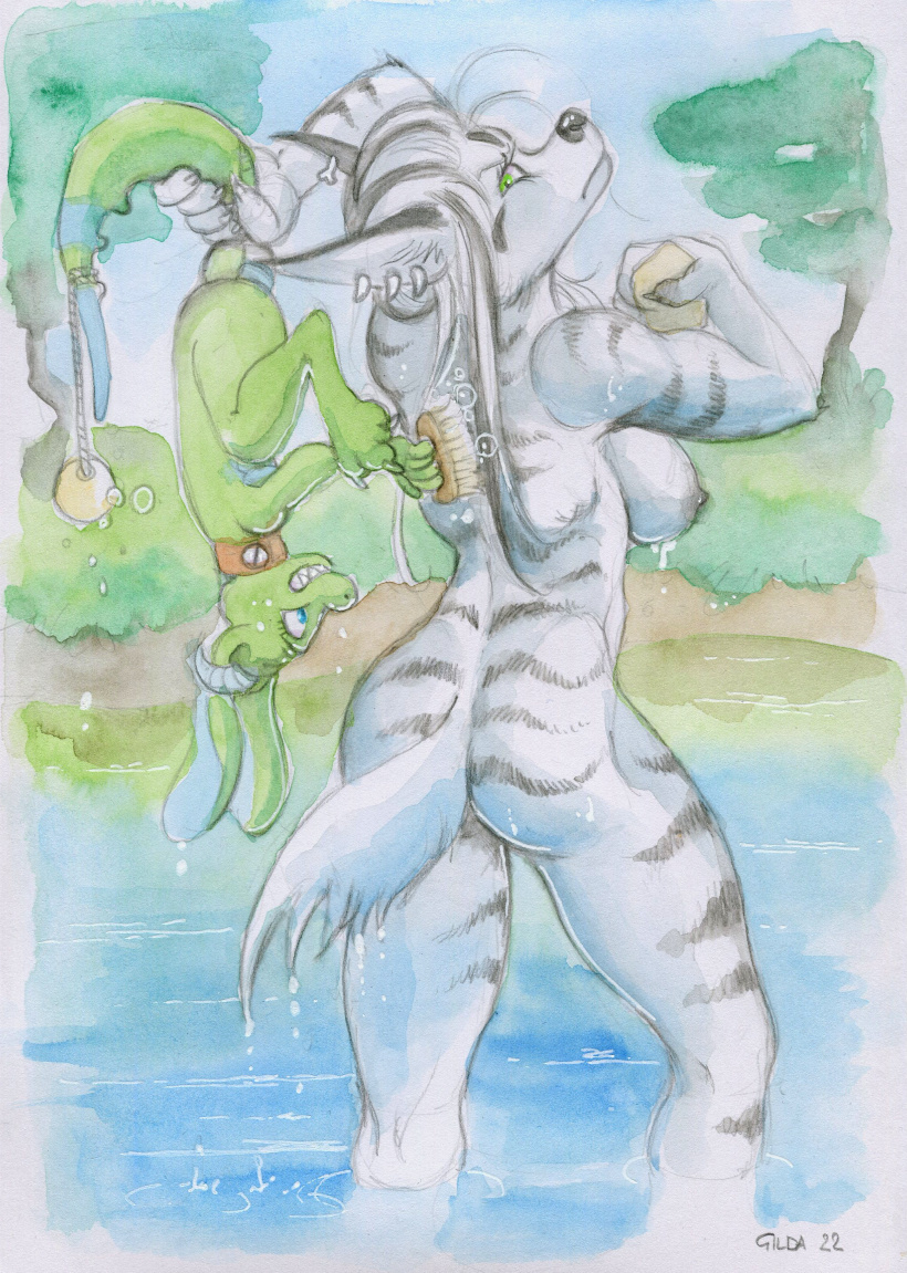 2022 anthro assisted_bathing barbarian bath bathing breasts brush butt duo ear_piercing female forest fur gnoll green_body green_scales grey_body grey_fur hair holding_tail hyaenid kobold lake long_hair looking_at_another looking_back looking_back_at_another mammal nature nipples nude outside partially_submerged piercing plant sans_(sanssouci) sanssouci scales scrubbing signature silver_hair standing standing_in_water striped_body striped_fur striped_hyena stripes tail_grab tree upside_down warrior water wet wet_body wet_fur wet_hair
