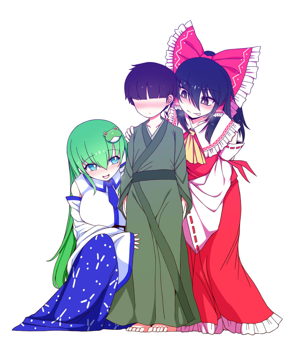 1boy 2girls :p age_difference aqua_eyes barefoot black_hair blue_eyes blue_skirt blush bow brown_hair detached_sleeves faceless faceless_male frilled_bow frills frog_hair_ornament green_hair green_kimono hair_bow hair_ornament hair_tubes hakurei_reimu hand_on_shoulder highres japanese_clothes kimono kochiya_sanae long_hair long_skirt looking_at_another multiple_girls nontraditional_miko red_bow red_skirt shirt skirt sleeveless sleeveless_shirt tongue tongue_out touhou wide_sleeves yassy