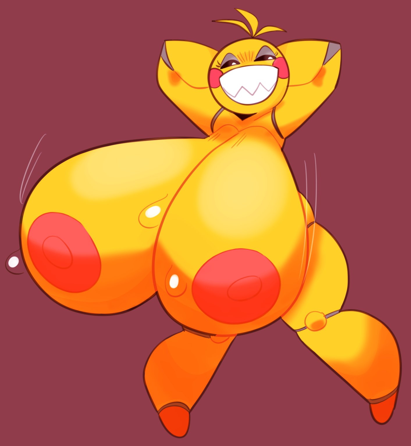 animatronic anthro areola avian beakless big_breasts bird blush blush_stickers breasts chicken female five_nights_at_freddy's five_nights_at_freddy's_2 flowuh galliform gallus_(genus) half-closed_eyes hands_behind_head hi_res huge_breasts hyper hyper_breasts machine narrowed_eyes nipples nude phasianid pink_nipples robot scottgames sharp_teeth smile solo teeth toy_chica_(fnaf) video_games yellow_body