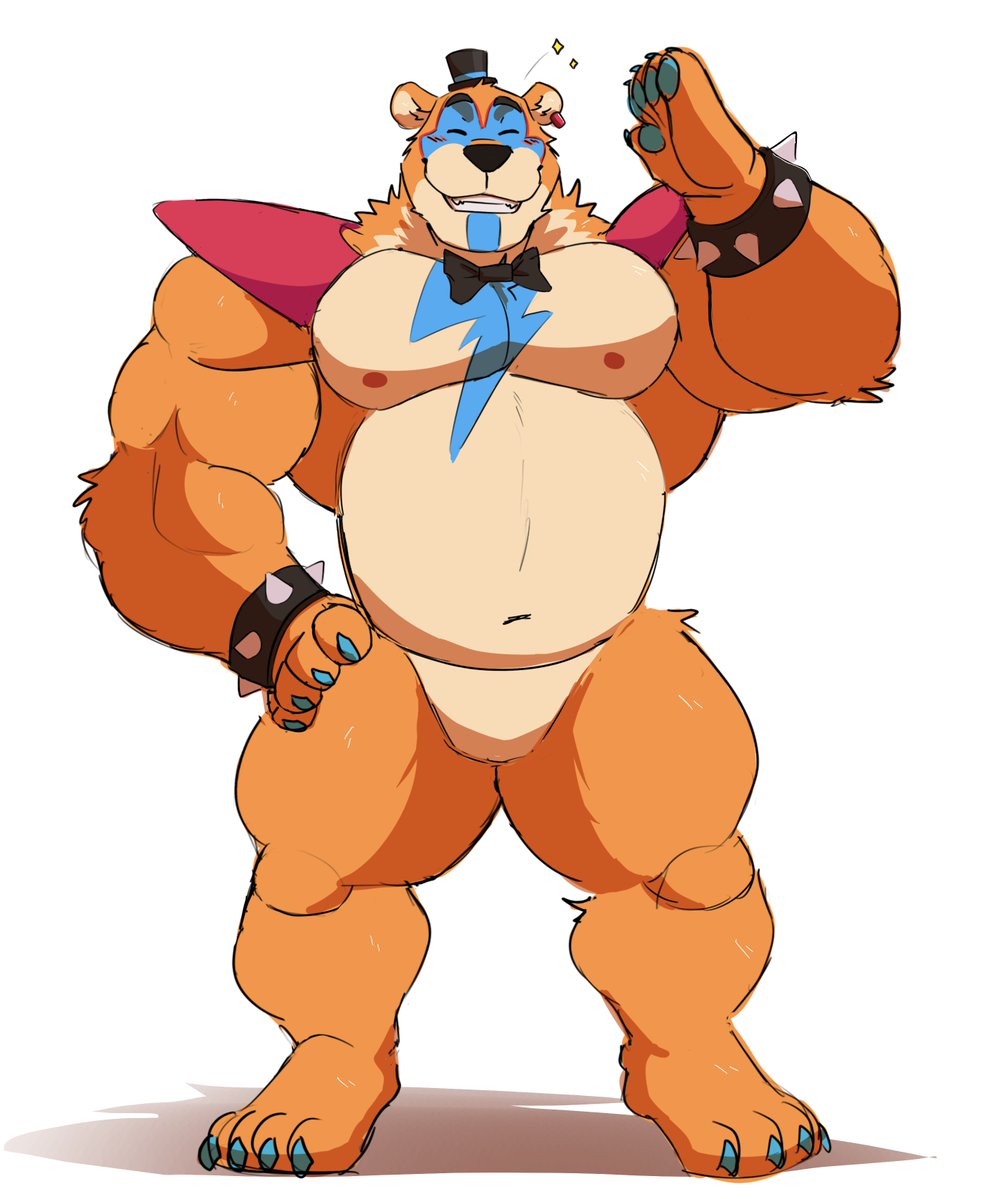 anthro bow_tie bracelet five_nights_at_freddy's five_nights_at_freddy's:_security_breach fur glamrock_freddy_(fnaf) jewelry male mammal musclegut muscular muscular_anthro muscular_male nipples orange_body orange_fur pecs scottgames shoulder_pads simple_background solo spiked_bracelet spikes standing ursid video_games vitashi white_background