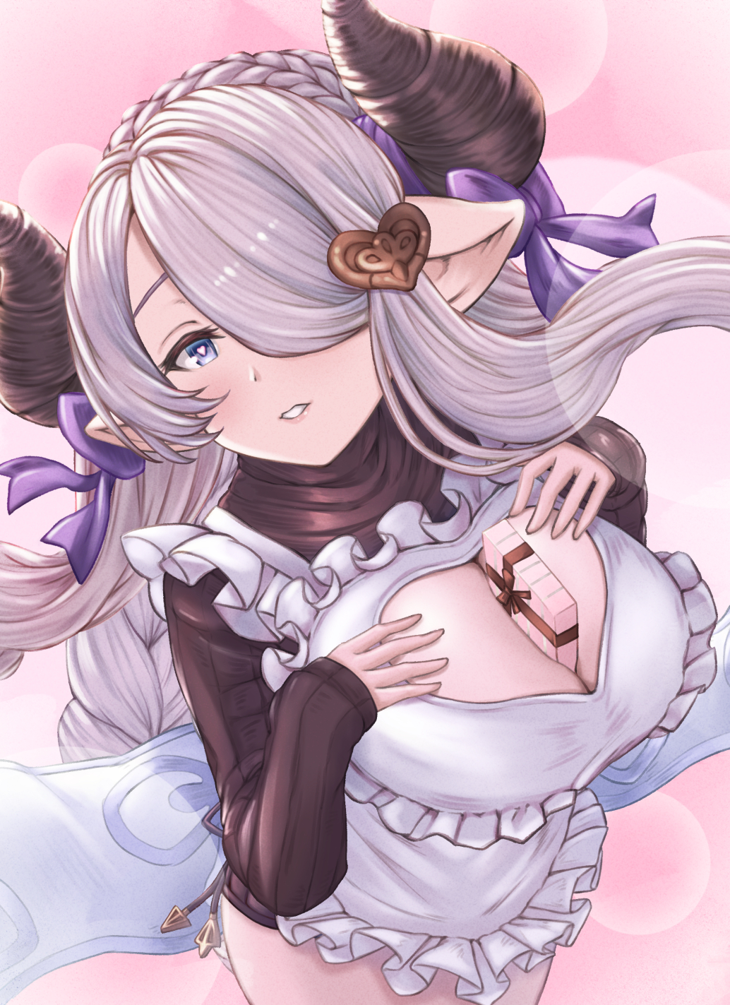 1girl apron blue_eyes box box_of_chocolates braid breasts chocolate cleavage_cutout clothing_cutout draph granblue_fantasy hair_over_one_eye hands_on_own_chest heart heart-shaped_pupils highres horns large_breasts light_purple_hair long_hair looking_at_viewer low_tied_hair narmaya_(granblue_fantasy) object_on_breast pink_background pointy_ears purple_hair single_braid solo symbol-shaped_pupils teriton valentine
