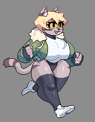 anthro blonde_hair brown_body brown_fur clothing domestic_cat felid feline felis female fingerless_gloves fur gloves hair handwear jacket legwear low_res mammal markings newtype_hero paula_(newtype_hero) shirt short_hair stout t-shirt tail_markings thick_thighs thumbnail topwear