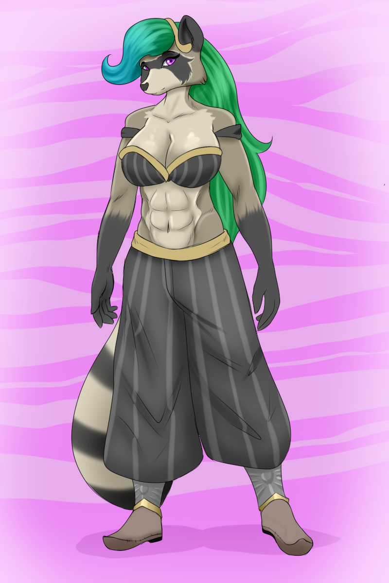 abs anthro big_breasts blackbetty bra breasts cleavage clothed clothing dyed-hair electronic_arts female green_hair hair hi_res mammal muscular muscular_female peggle popcap_games procyonid raccoon roxy_raccoon smile solo underwear video_games