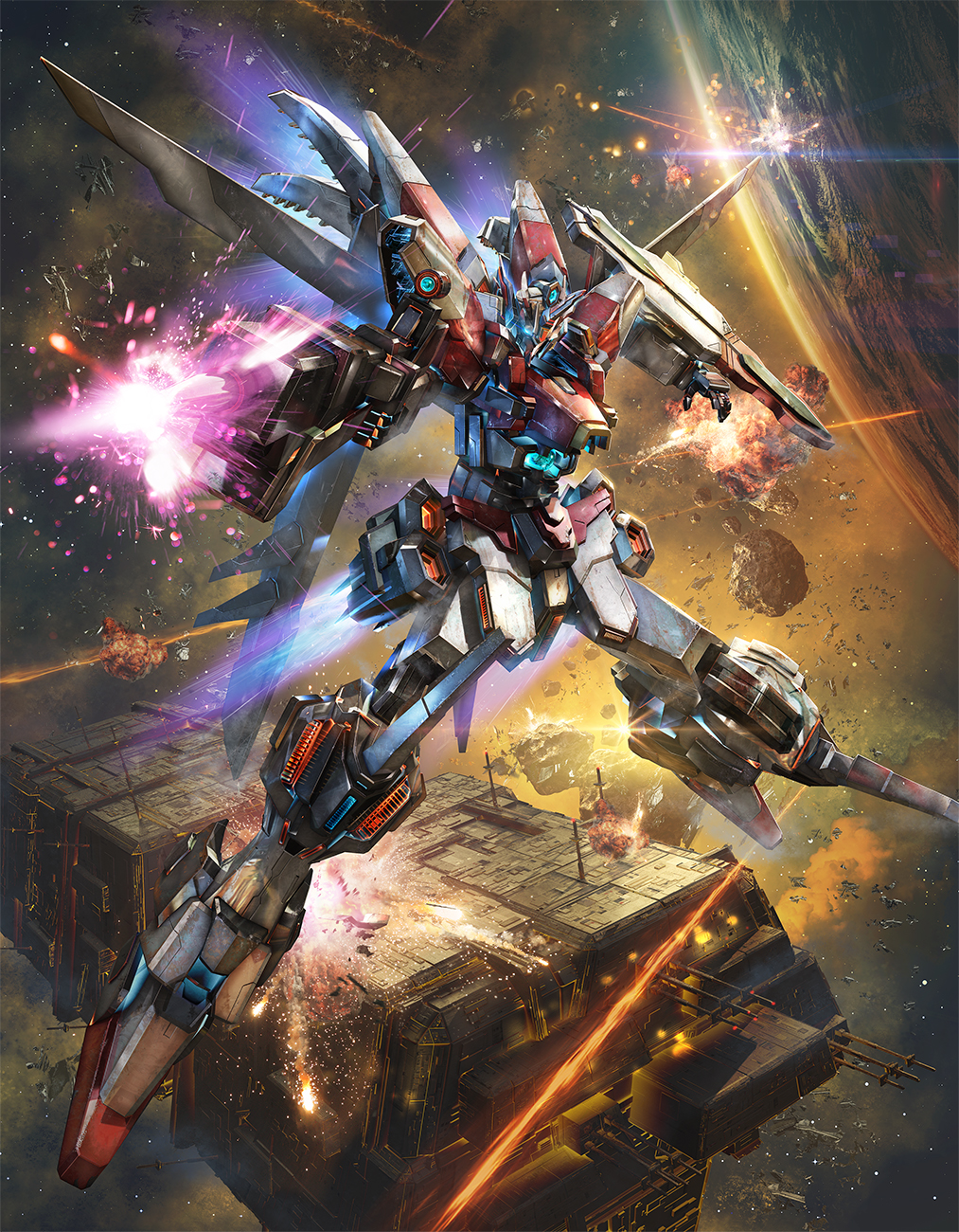 explosion firing glowing glowing_eye gun head_tilt highres holding holding_gun holding_weapon horns mecha no_humans open_hand original planet science_fiction single_horn solo space space_craft tani_(tanidesuyo) weapon
