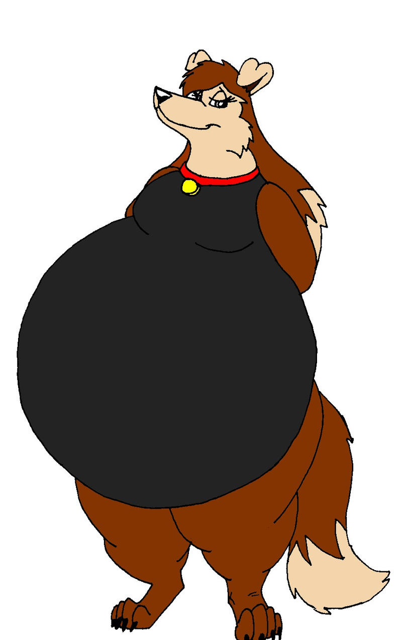 1:1 2009 anthro belly big_belly brown_body brown_fur canid canine canis claws clothing collar colleen domestic_dog female front_view fur hair hands_behind_back hectorthewolf hi_res looking_at_viewer mammal obese obese_anthro obese_female overweight overweight_anthro overweight_female smile solo standing swimwear