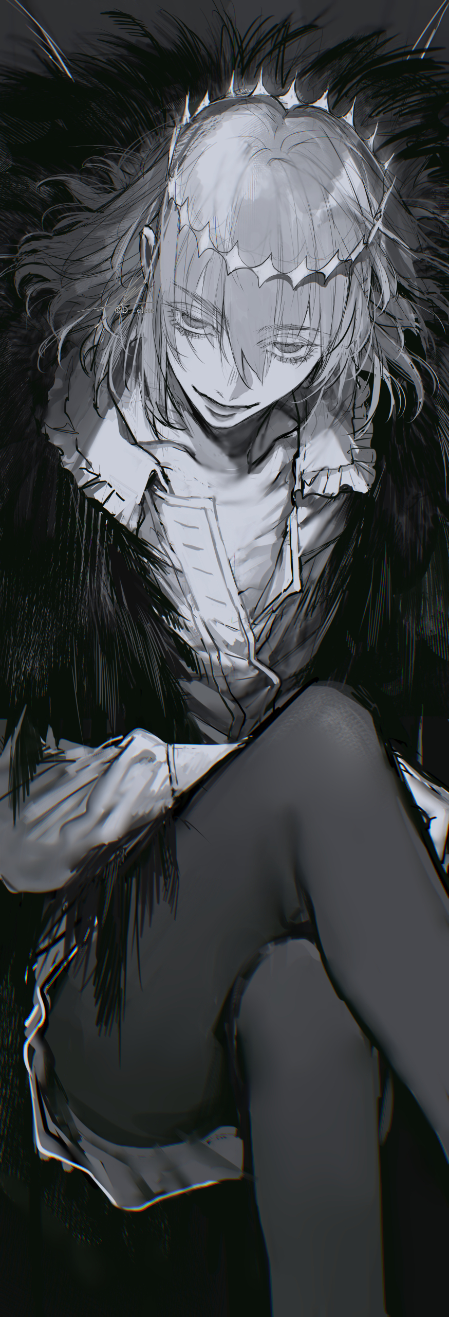 1boy absurdres au_(d_elite) bangs cape collarbone collared_shirt crossed_legs crown diamond_hairband evil_smile eyebrows_visible_through_hair fate/grand_order fate_(series) fur-trimmed_cape fur_trim greyscale highres l long_hair long_sleeves looking_at_viewer male_focus monochrome oberon_(fate) shirt smile solo spoilers