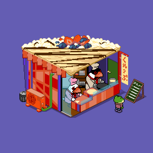 animated animated_gif bird blue_background blueberry chef chef_hat crepe food frog fruit hat menu_board no_humans original pixel_art simple_background strawberry toucan translation_request trash_can wanpaku_pixels
