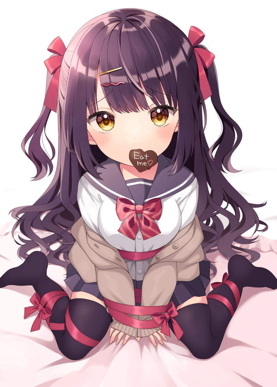 1girl bangs bed_sheet black_hair black_legwear black_sailor_collar black_skirt blush bow breasts brown_cardigan brown_eyes candy cardigan chocolate commentary_request eat_me eyebrows_visible_through_hair food food_in_mouth hair_bow hair_ornament hairclip heart heart-shaped_chocolate highres long_hair long_sleeves mouth_hold off_shoulder open_cardigan open_clothes original pleated_skirt red_bow red_ribbon ribbon sailor_collar school_uniform serafuku shirt sitting skirt sleeves_past_wrists small_breasts solo thighhighs two_side_up uramakaron very_long_hair wariza white_background white_shirt